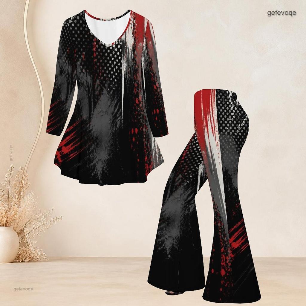 Women Plus Size Black Pink Purple Printed V Neck Three Quarter Sleeve Flared Top Flared Pants Two Piece Set