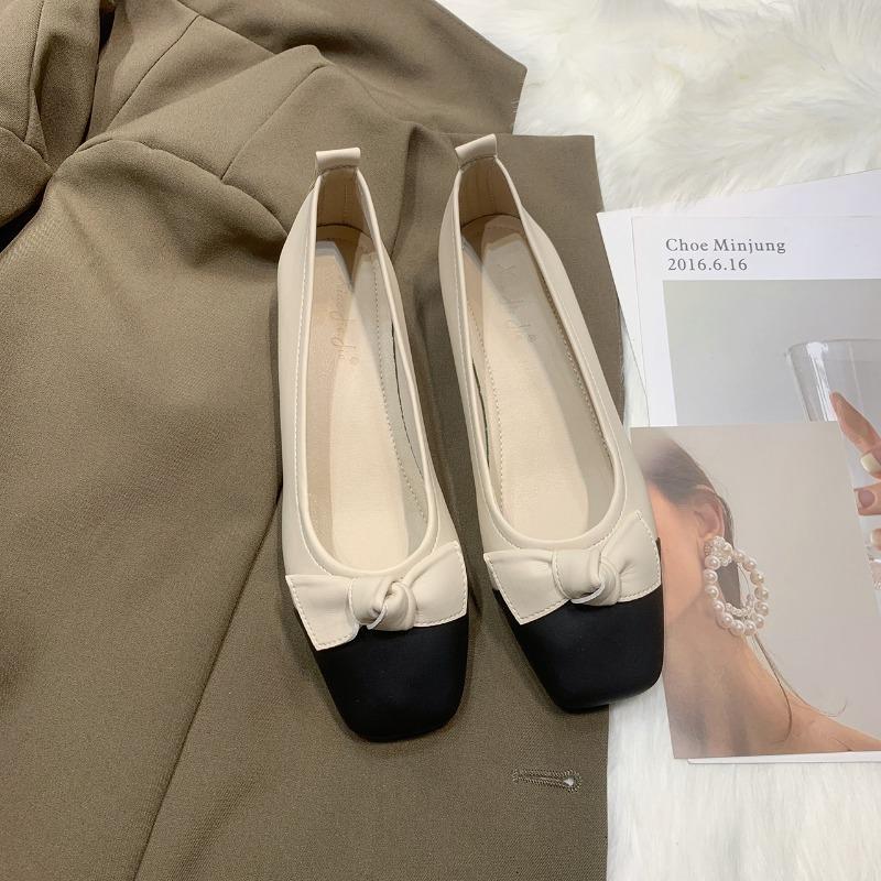 Fashion Women's Thick Heel Single Shoes Autumn New Square Head Light Mouth Matching Color Butterfly Knot Non-slip Low Top Shoes