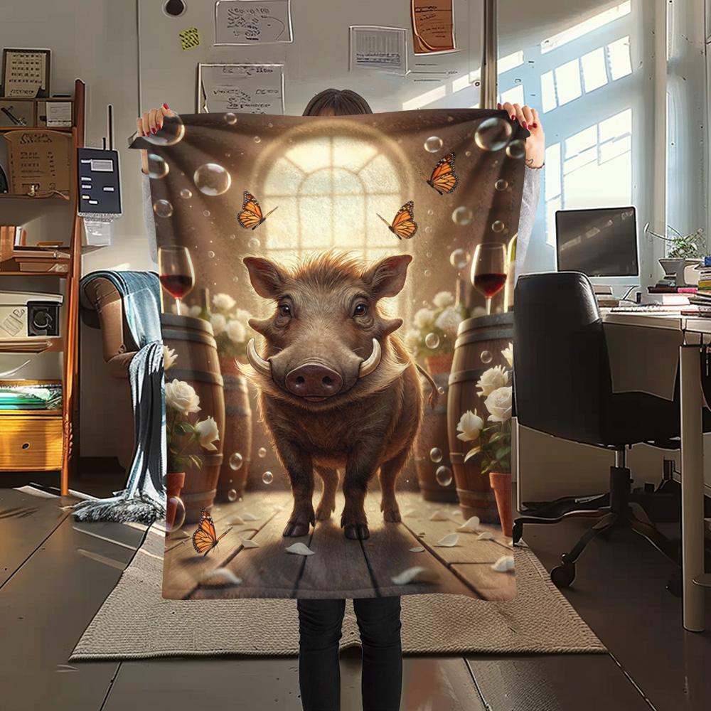 1PC Warthog Print FlAannel Blanket, High quality Comfortable for All Seasons, Home Decor, Warmth and Comfort