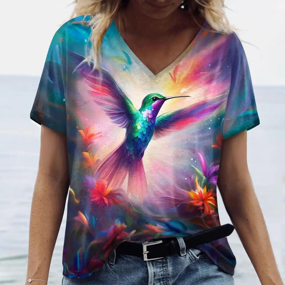 Summer Fashion Bird Parrot 3D Print T-Shirts Women V-Neck Short Sleeve T Shirt Y2k Tops Tees Oversized Harajuku Woman Clothing