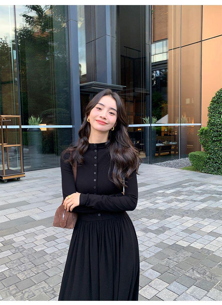 

Elegant French Long-Sleeve Dress: 2025 Autumn/Winter Collection, Stand Collar, Waist-Cinched Slimming Skirt Extra Large чорний