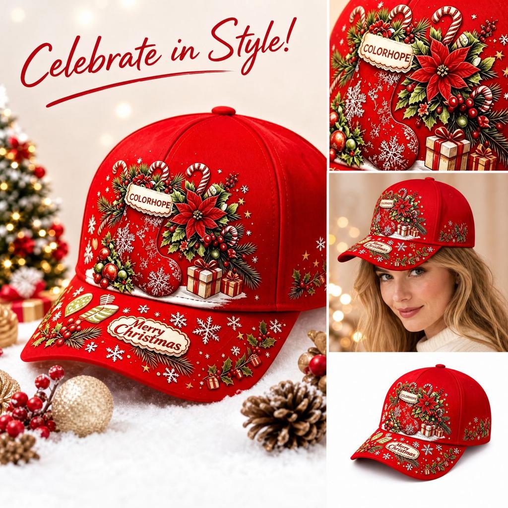 Christmas Red Digital Print Curved Baseball for Festive Holiday Wear