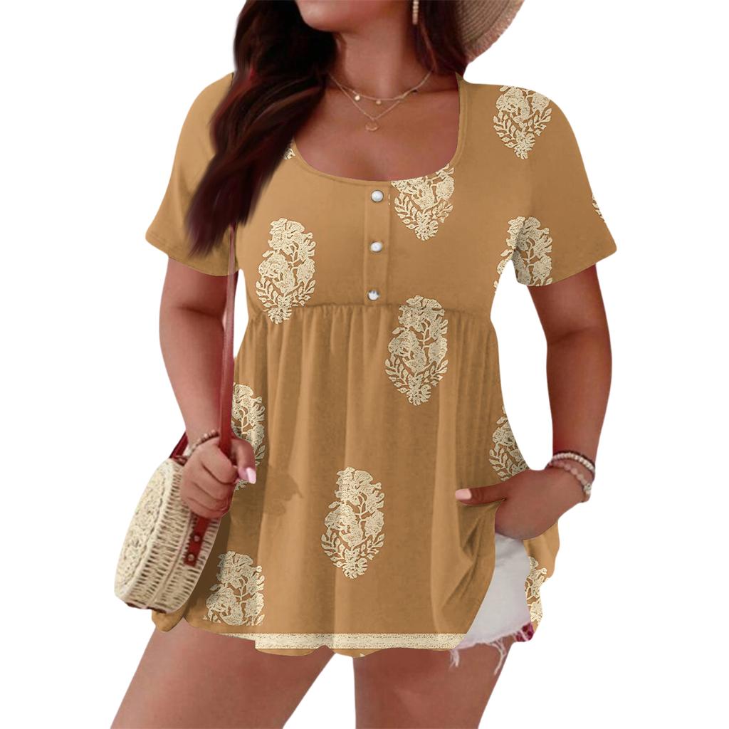 Women's Fashionable Casual Short Sleeve Loose Fit Button Front Printed Blouse