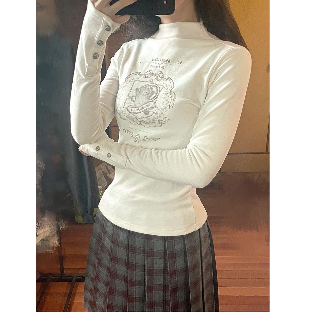 Women's Spicy Girl Half-High Collar Fleece T-Shirt - Slim Fit, Long Sleeve, Autumn/Winter Top