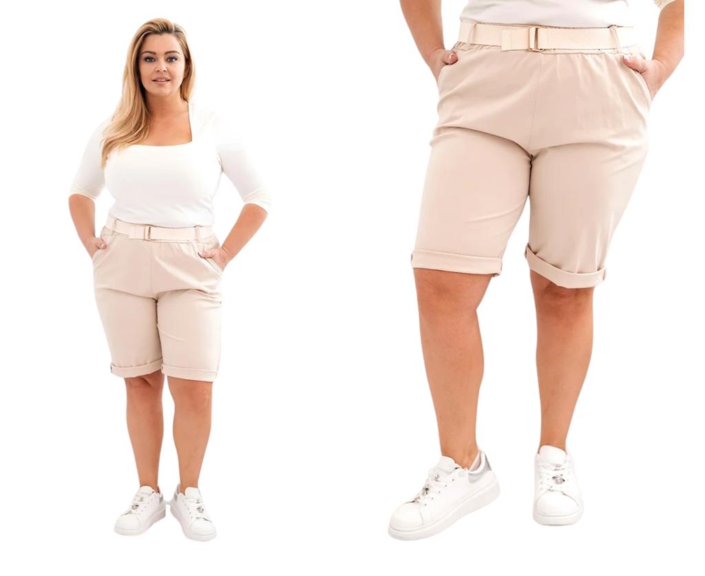 Spodenki Damskie Bawełniane Plus Size Z Paskiem Jasno Beżowe Xxl