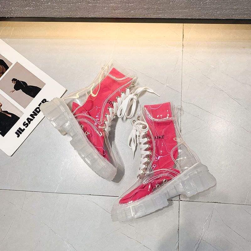 Transparente Schnür-Martin-Boots im koreanischen Stil: Kristallsohle, Knöchel-Sneakers mit dicker Sohle für Damen und Studentinnen - Modische Regenstiefel
