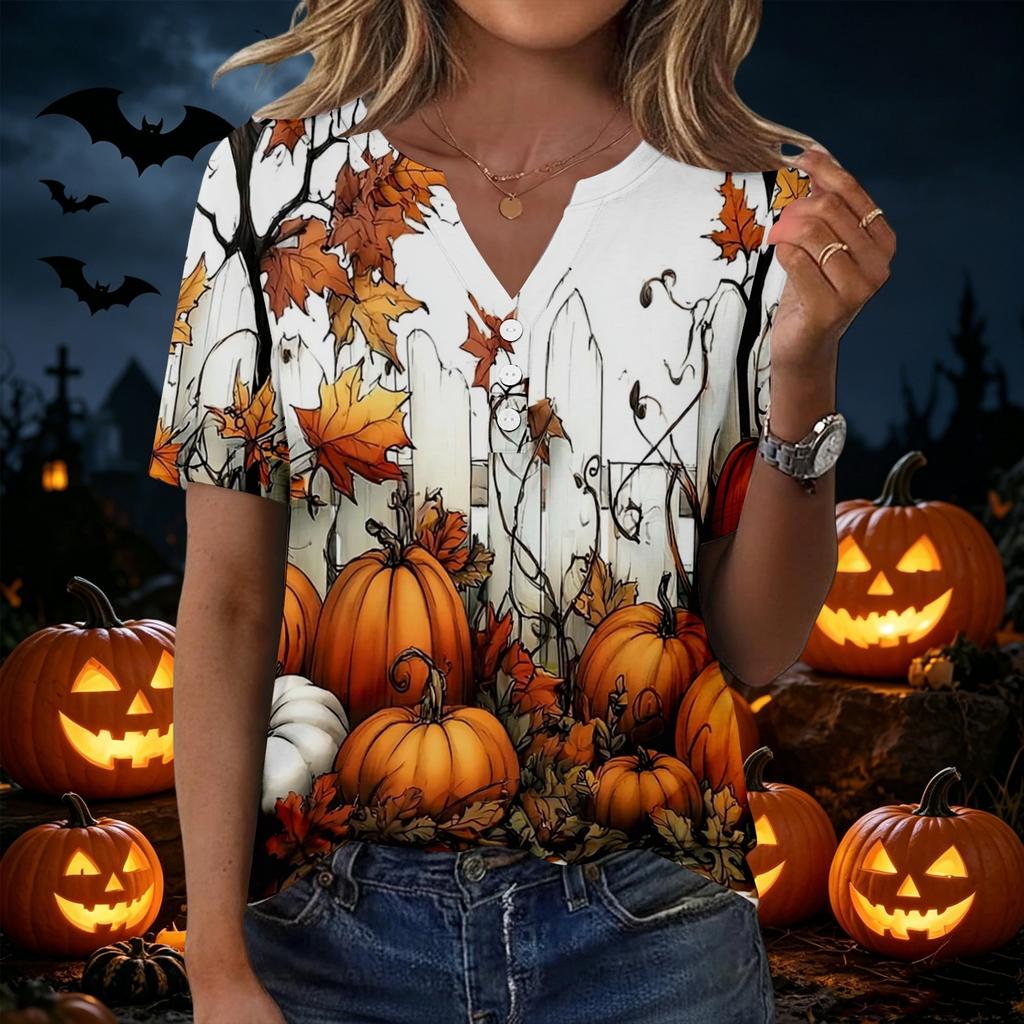 Women's Halloween Print Loose Fit V Neck Short Sleeve Top with Pocket Casual Shirt for Everyday Wear