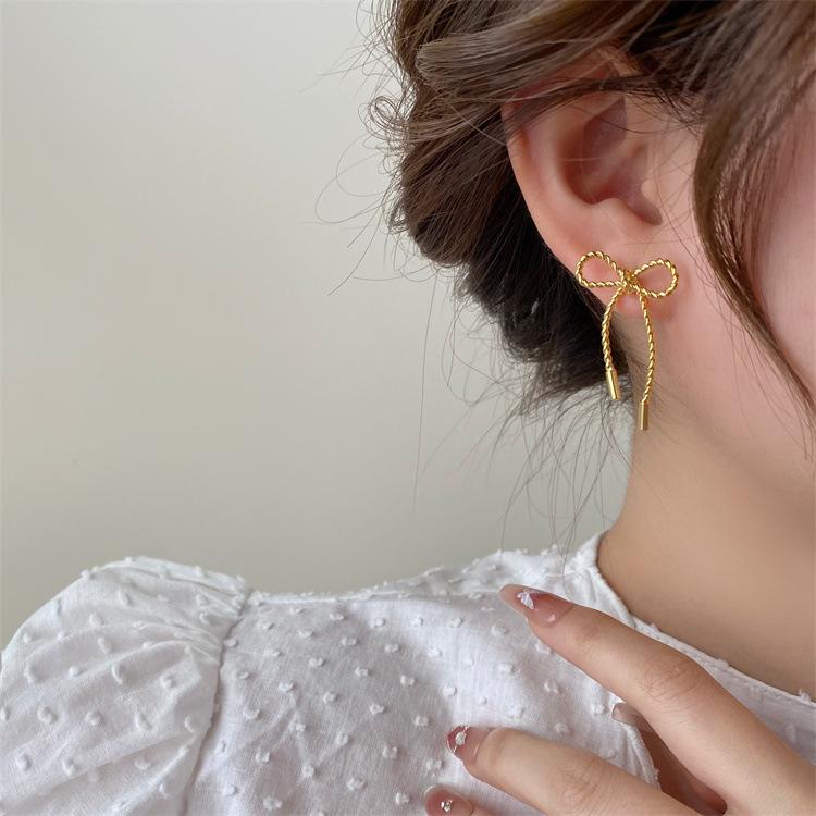 French-Inspired Metal Twist Bow Tassel Earrings: Chic Studs for Women