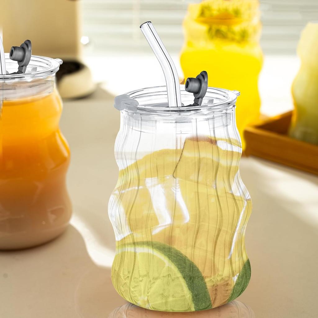 KEMORELA 4PCS Ribbed Glass Cups with Lids & Straws – 18oz Vintage Wavy Glass Coffee Cups, Bubble Glass Aesthetic for Iced Coffee, Clear Ribbed