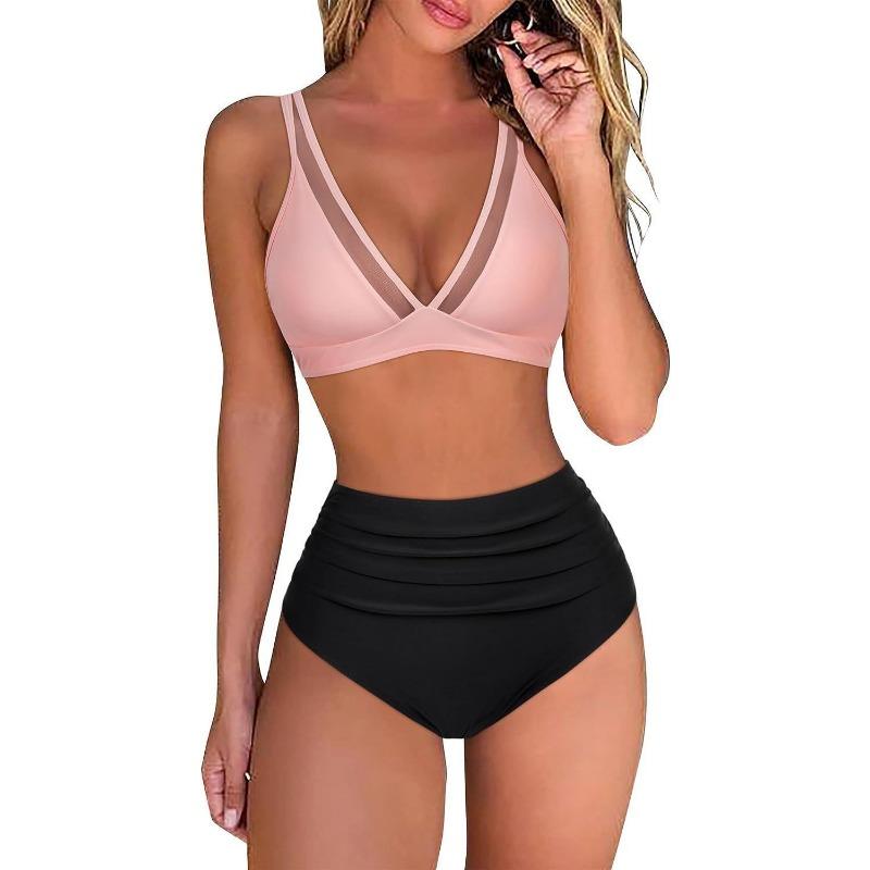 New High-waisted Bikini, Mesh Stitching Sexy European and American Backless Pleated Swimsuit