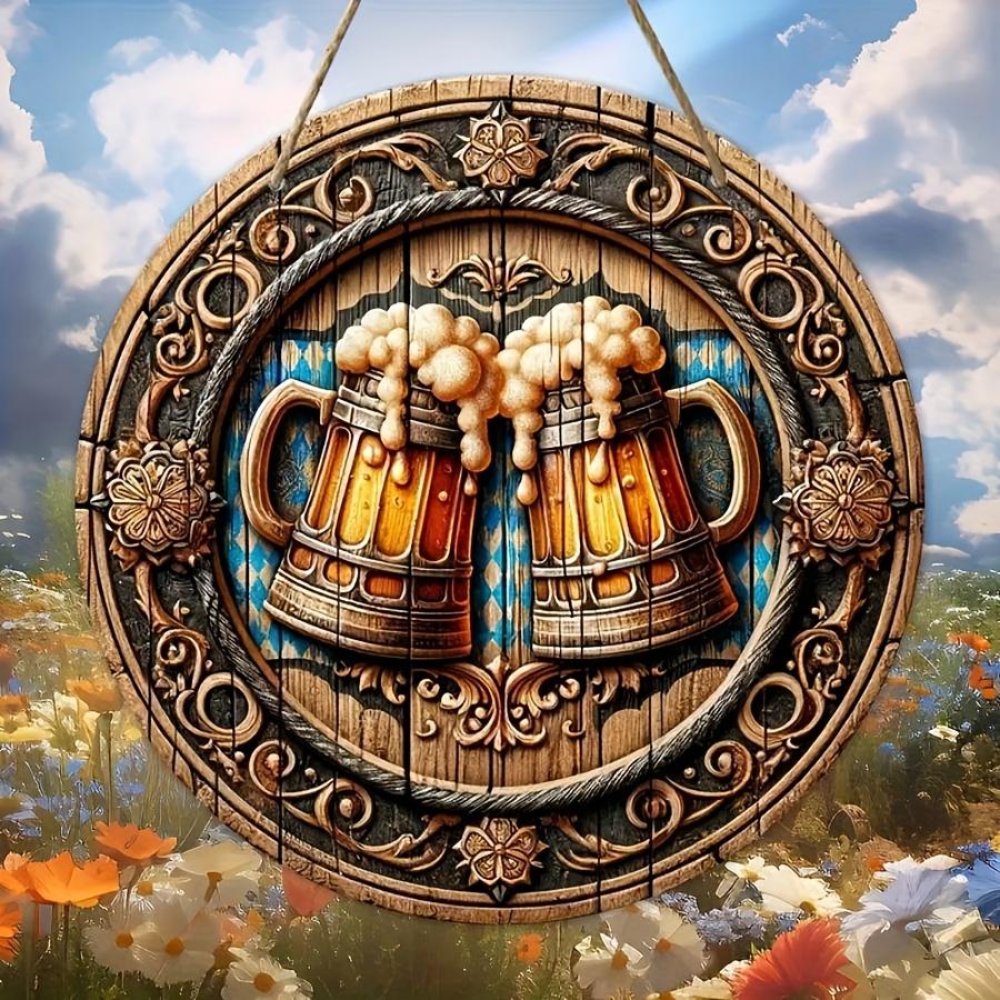1ks 2D Plochá Oslava Oktoberfestu Znamení - 20cm Kulatá Dřevěná Dekorace Biergarten s Pivními Půllitry a Uvítacím Nápisem Prost - Ideální pro Domov,