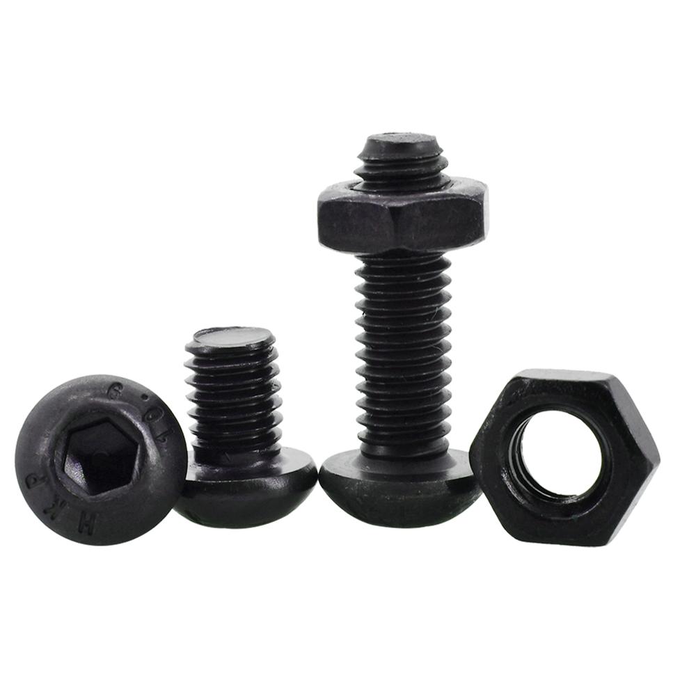 ISO7380 Allen Hexagon Hex Socket Button Round Head Screw Nut Kit M2 M3 M4 M5 M6 Black Grade 10.9 Carbon Steel Bolt Nut Set
