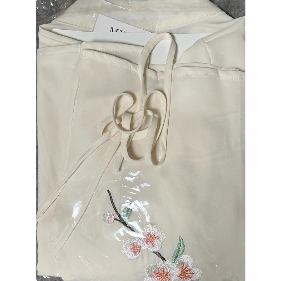 Summer V Neck Chinese Embroidery Blouse Women Oblique Frog Buttons Tie Loose Casual Shirt