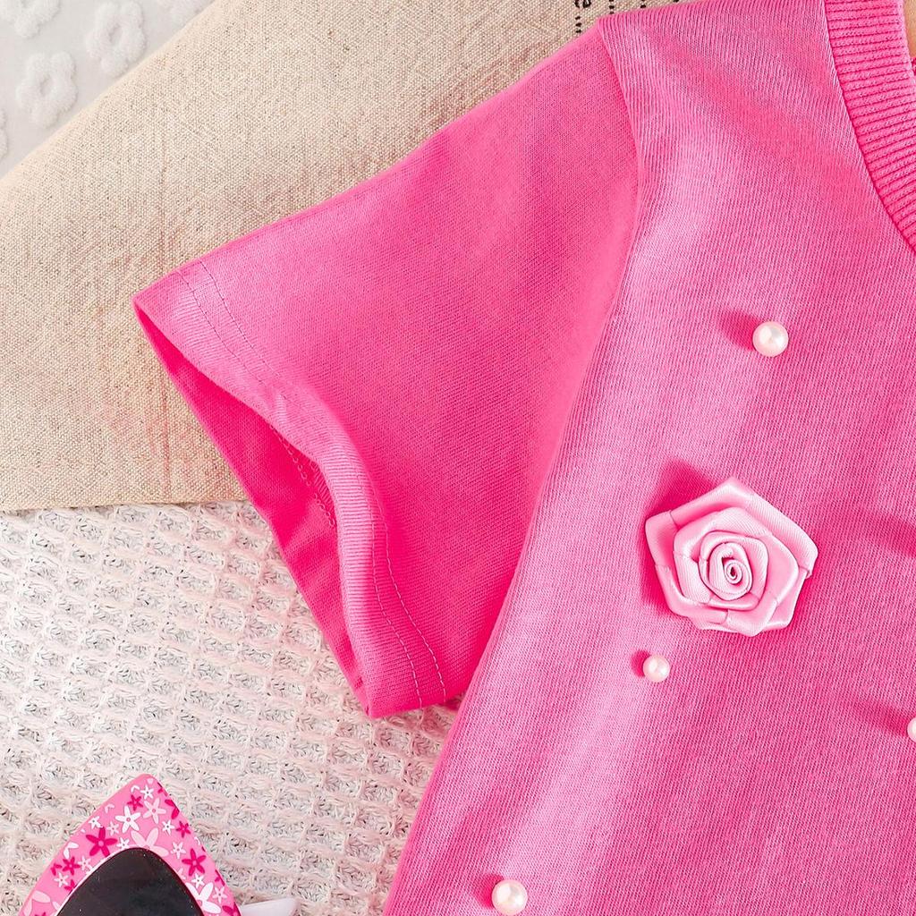Girls' Rose & Pearl 2Pcs Short Sleeve Top & Pants Outfit