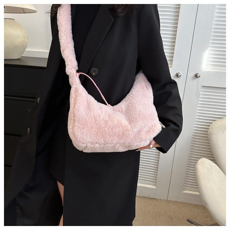 Solid Color Bow Decoration Plush Shoulder Bag With Zipper Closure For Daily Use