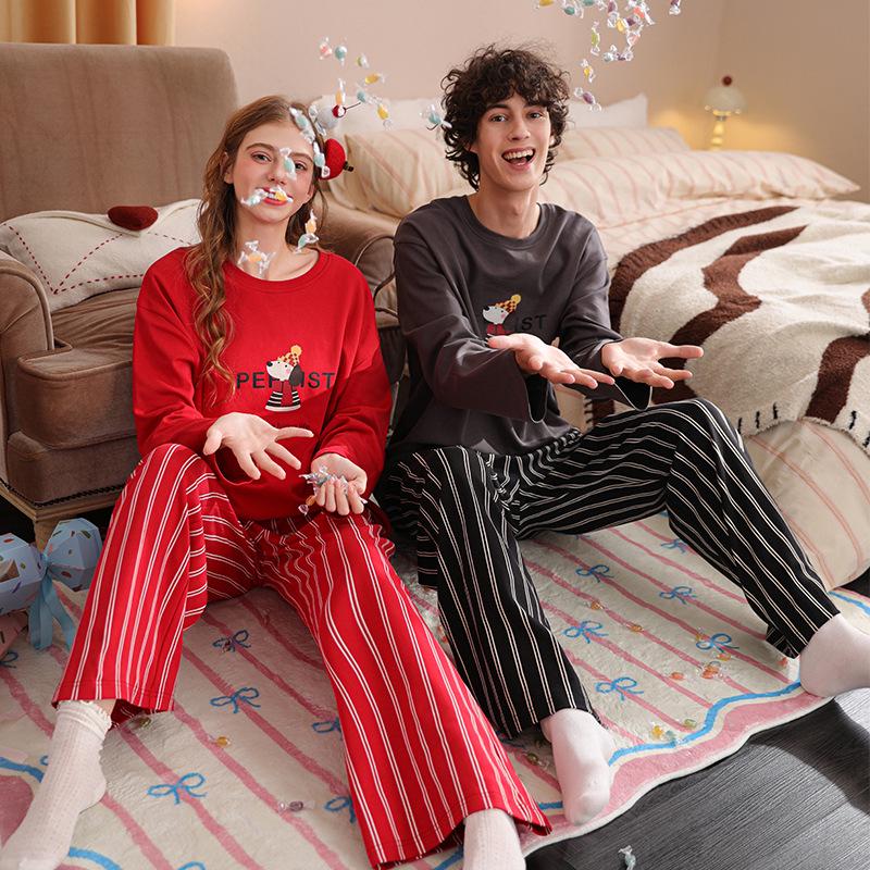 Праздничный красный хлопковый пижамный комплект в мультяшную полоску для пар - Весна, Осень, Зима Women XL