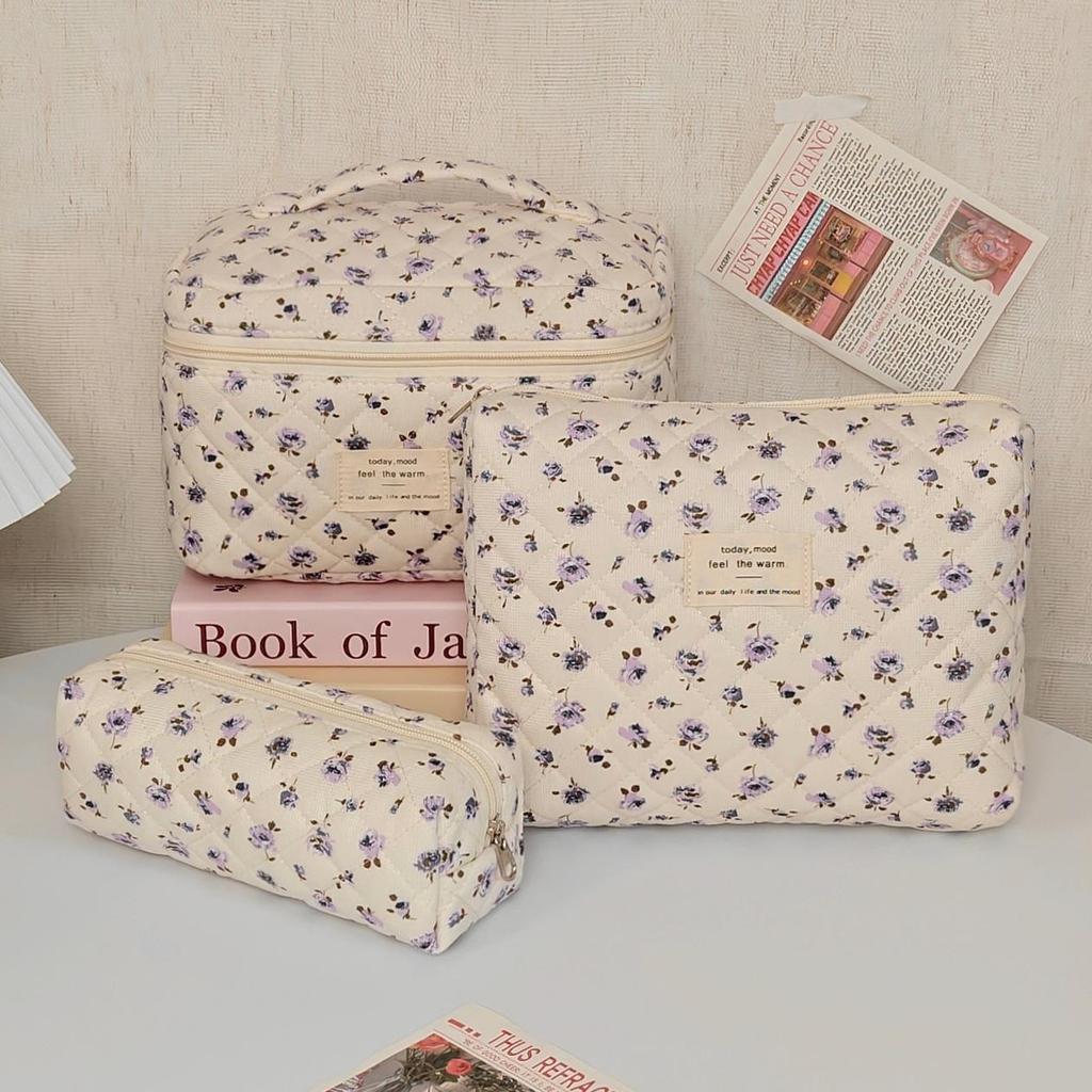 Damväska för kosmetika, blommig, quiltad - Stor kapacitet, portabel, fräsch stil