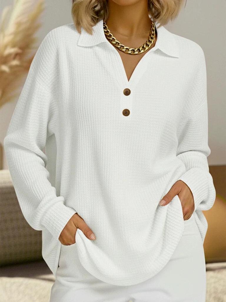 2025 European Fashion V-neck Button Waffle Knit Loose Pullover Long Sleeve Top