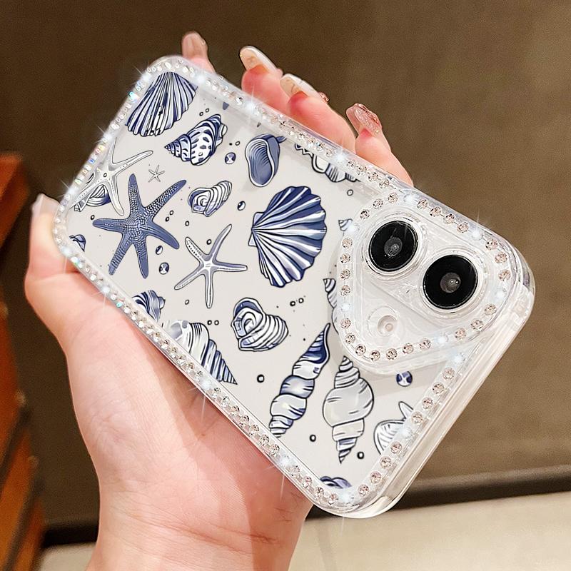 Conch Shark Pattern Clear Silicone Case For iPhone 16E 16 Pro 15 Pro Max 14 13 12 11 Diamond Frame Soft Shockproof Transparent Phone Cover