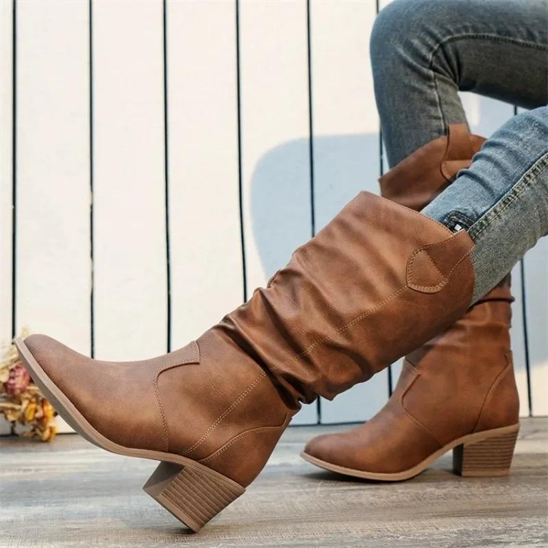 

2025 New Autumn Winter Shoes for Women Slip-on Fashion Women Boots Sewing Daily Round Toe Square Heel Boots Women Botas De Mujer 36 коричневый