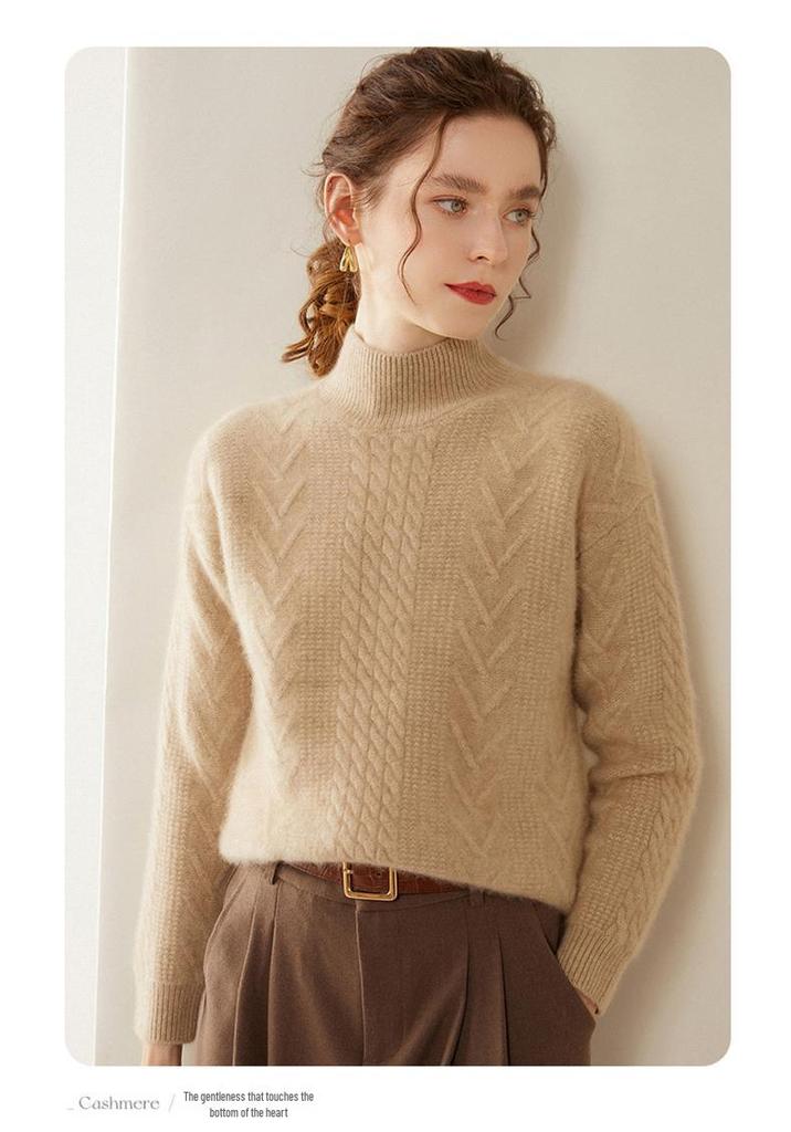 Women's Heavyweight Cable Knit 100% Pure Cashmere Half-High Collar Sweater