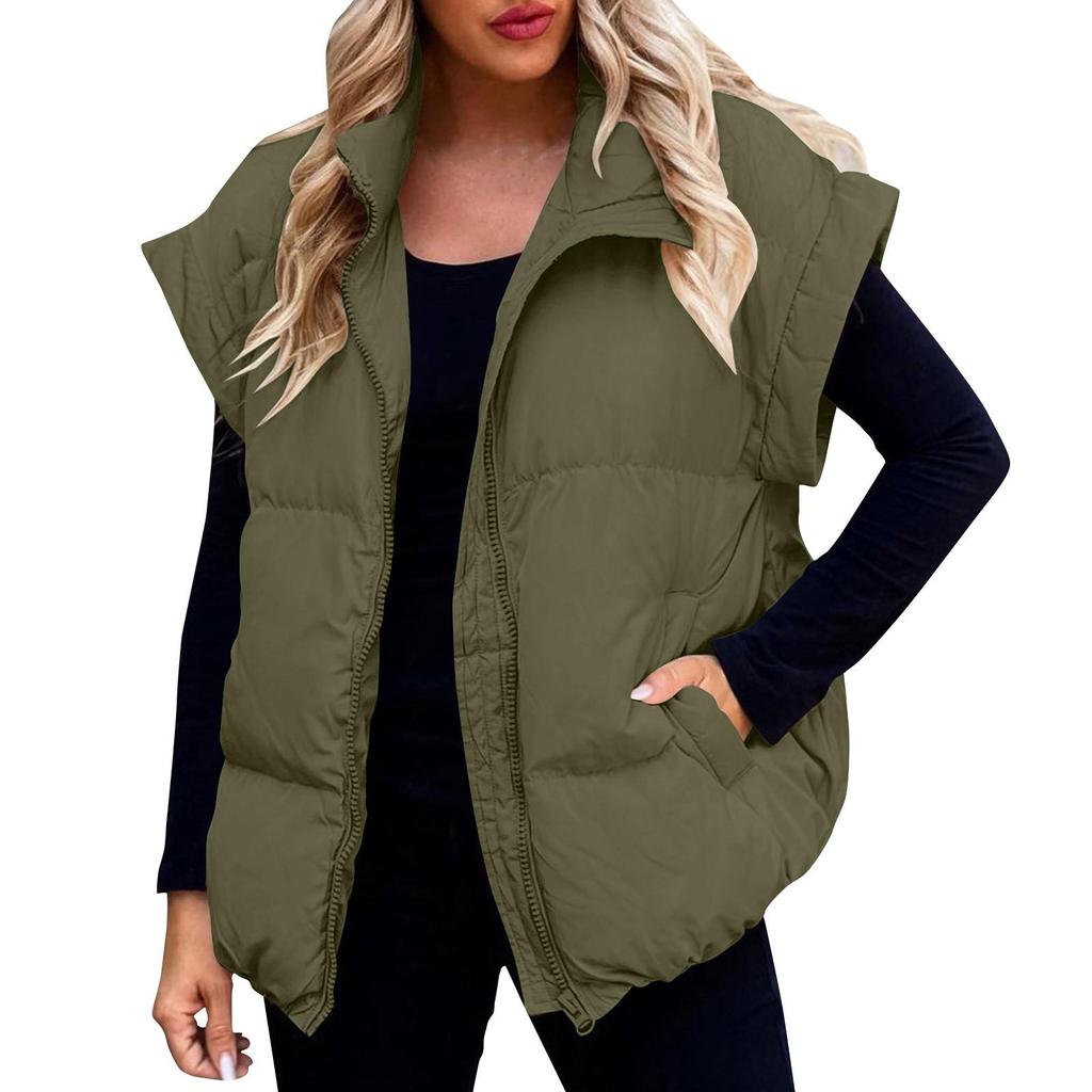 Women's Casual Winter Vest Stand Collar Sleeveless Puffy Jackets Coat With Pockets Winter