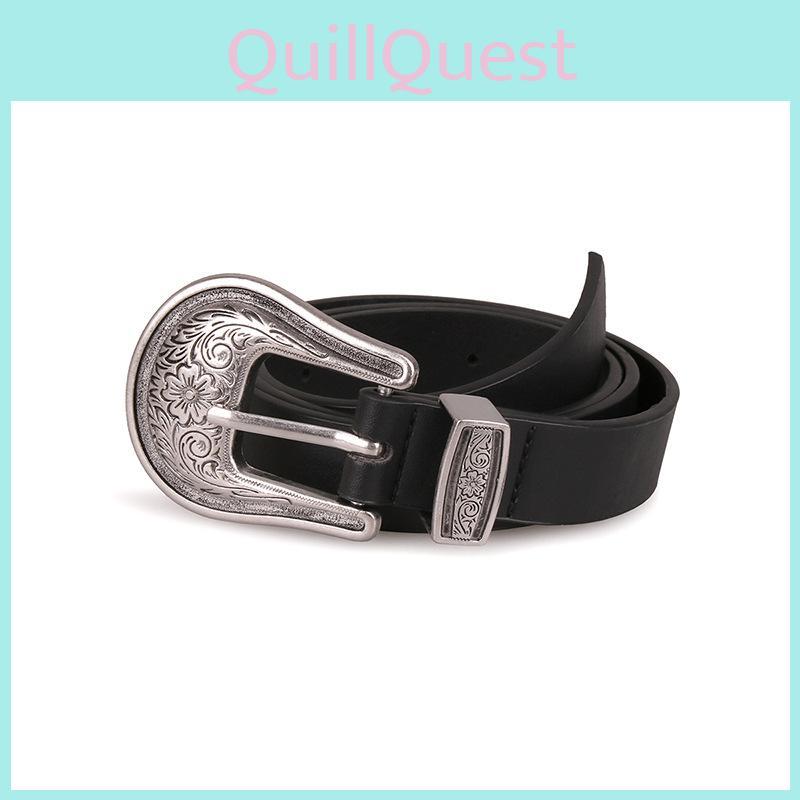 Retro Leatherlike Belt With Ornate Silver Buckle And Natural Texture For Casual Wear