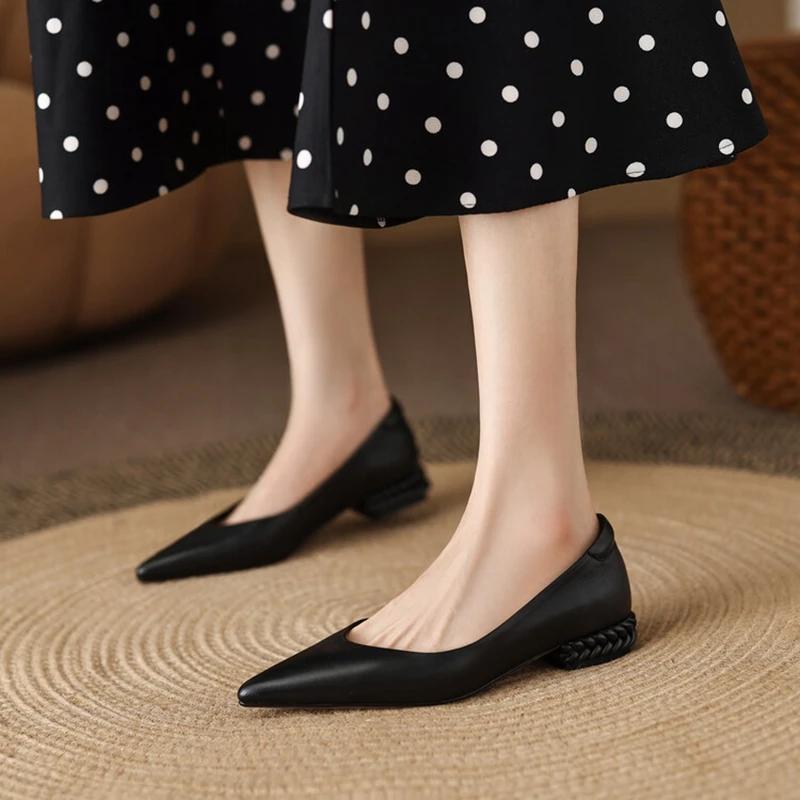Fashion NEW Autumn/Spring Women Pumps Genuine Leather Shoes for Women Pointed Toe Low Heel Shoe Concise Slip-on Plus Size Handmade Shoes