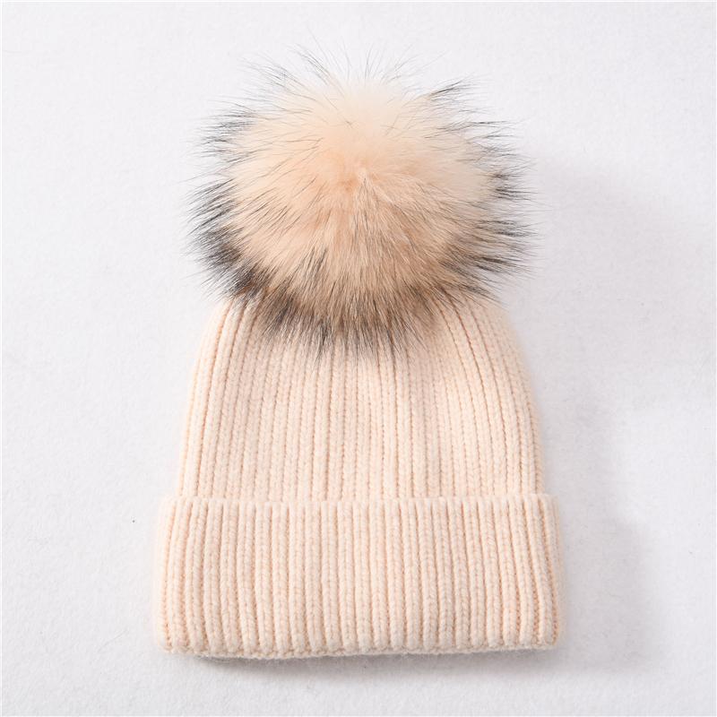 Jaxmonoy Kaschmir-Strickmütze, große Beanie-Mütze mit echtem Waschbärfell und Bommel, hochwertige, warme Mütze, Damenmütze