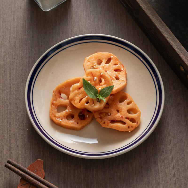Retro Cream Style Ceramic Noodle Bowl with Double Blue Rim