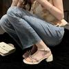 Su Yinyin Rock Candy Fairy~ Summer New One-word Sandals French Rhinestone Open-toed Thick High-Heeled Sandals Women