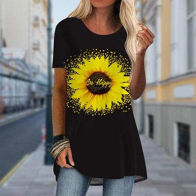 Plus Size Women Spring Orange Sunflower Printed Comfy Short Sleeve Round Collar T-shirt Casual Baggy Mid Length Tee Tops