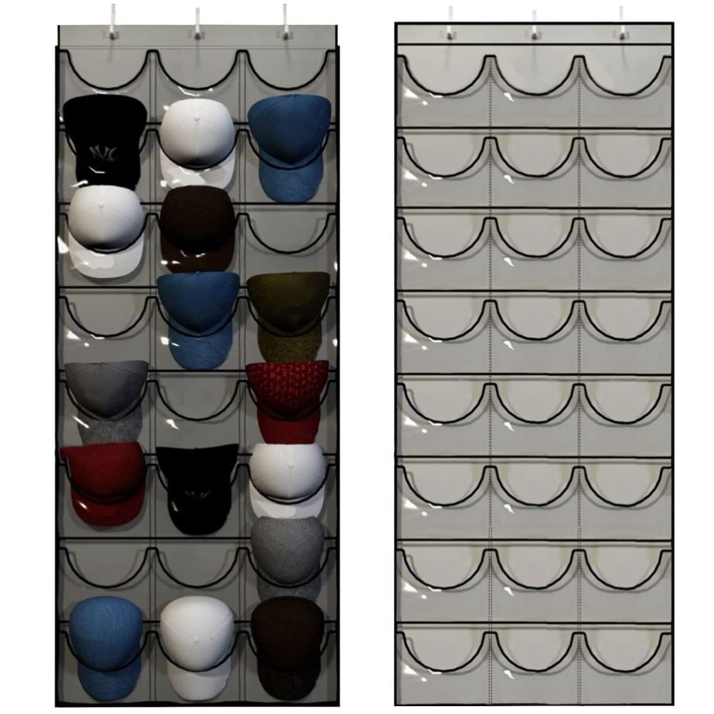 

Closet Storage 24 Pockets Hat Rack Grey Space Saving Hat Organizer 3 Hooks Multi Functional Cap Rack Bedroom