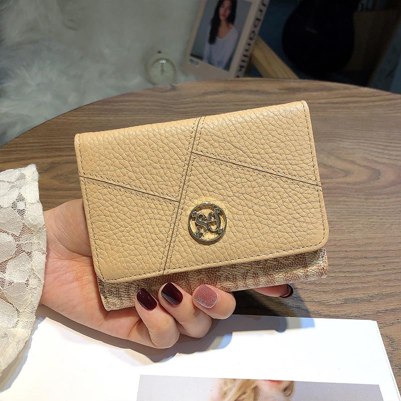 

Новинка 2024 года, 3-кратные женские кошельки, лоскутный короткий кошелек из натуральной кожи, модный бумажник с буквенным принтом для женщин, держатель для карт из воловьей кожи абрикосовый