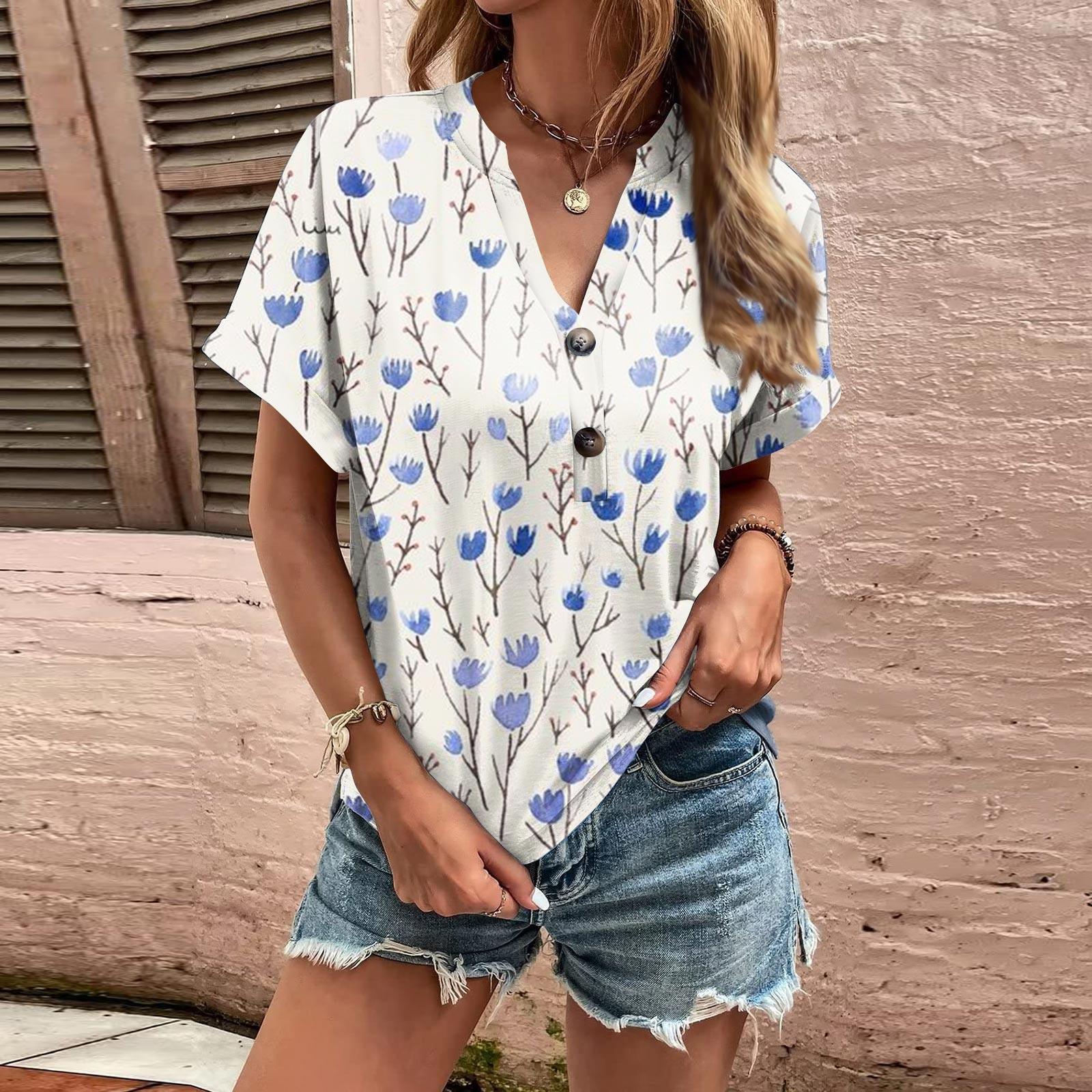 

Модні жіночі вільні літні повсякденні топи з V-подібним вирізом і ґудзиками з короткими рукавами XL білий