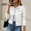 Women Jean Jacket Women's Long Sleeve Cropped Denim Jacket, Button Down Lapel Jeans Coat with Pockets, Fall Spring Lightweight Outerwear