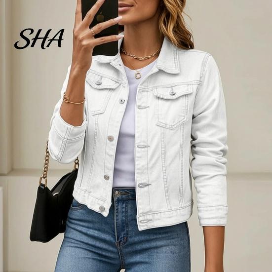 Women Jean Jacket Women's Long Sleeve Cropped Denim Jacket, Button Down Lapel Jeans Coat with Pockets, Fall Spring Lightweight Outerwear