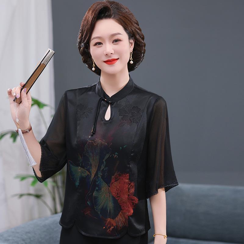 2026 Summer New Chinese Style Silk-Look Five-Sleeve Dress for Women - Trendy and Slimming for Middle-Aged and Elderly
