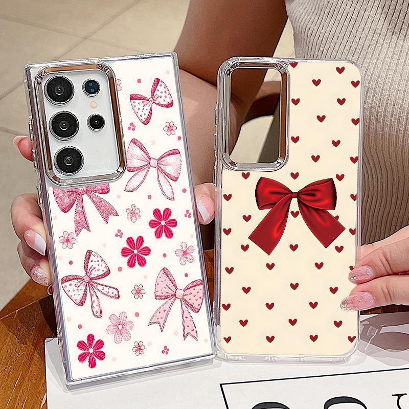 Cute Cartoon Bowknots Print Case For Samsung S26 S25 Ultra S24 FE S23 Plus S22 S21 A15 A16 A17 A35 A36 A37 A54 A55 A56 A57 5G Plating Lens Soft Cover