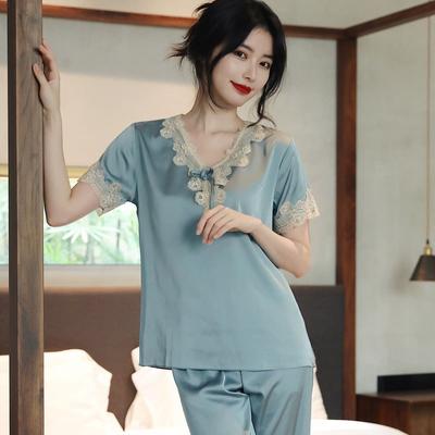 Women’s Summer Ice Silk Short Sleeve Top and Shorts Pajama Set Lightweight Sexy Sleepwear Loungewear Wearable Outdoors