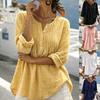 Women V Neck Henley Linen Blouse Pleated Front Loose Casual Tunic Top