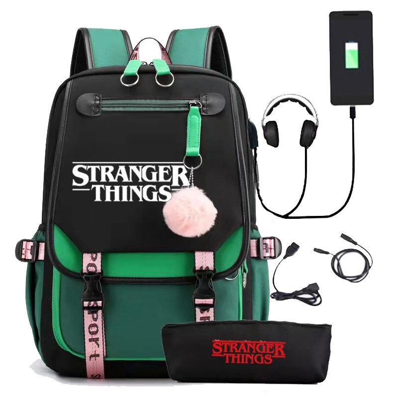 Zaino Stranger Things Stranger con Ricarica USB Borsa Scolastica per Studente di Scuola Media Astuccio Set da Due Pezzi