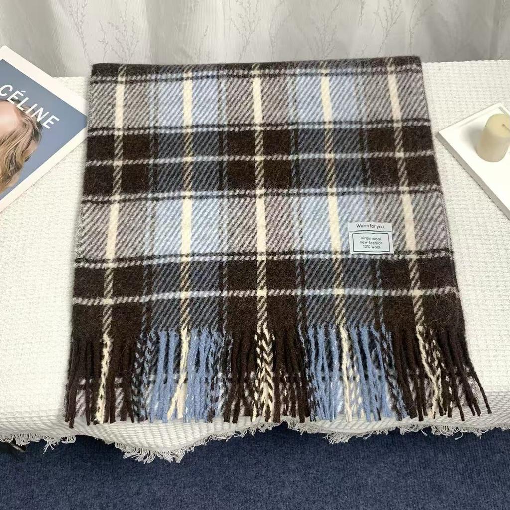 Autumn and Winter Plaid Scarf Korean Style Retro Plaid Tassel Wool Thickened Versatile Warm Shawl for Women
