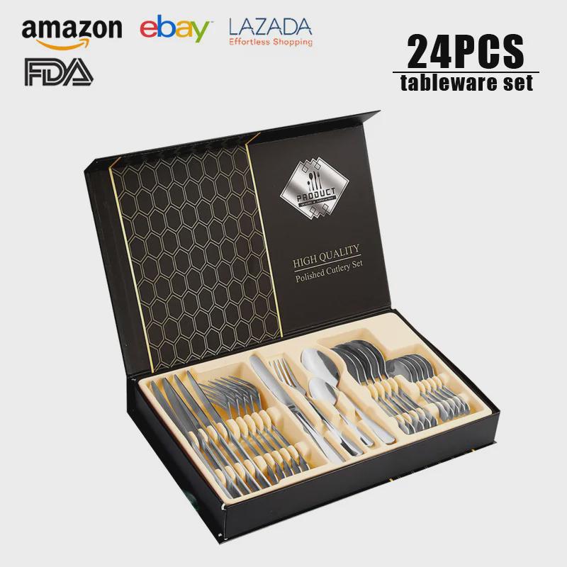 

Набор столовых приборов из 24 предметов из нержавеющей стали с титановым покрытием: Нож, вилка, ложка в коробке с откидной крышкой (Серия 1010)