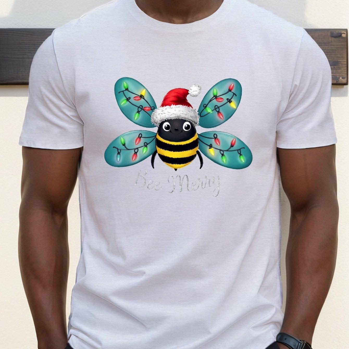 Christmas Bee Merry Graphic Tee Mens Casual Short Sleeve TShirt Breathable Cotton Crew Neck S