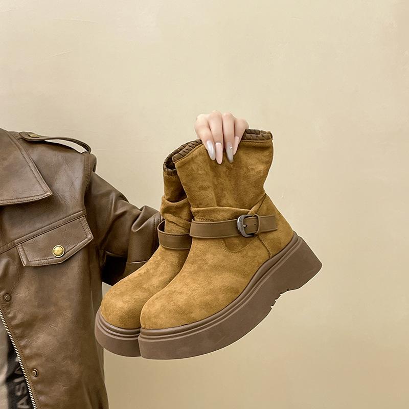 Retro style round head belt buckle Martin boots women's autumn and winter fashion versatile short boots lace short tube fashion boots