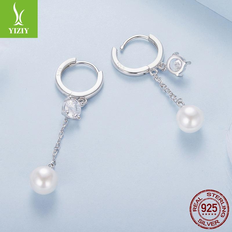 S925 Sterling Silver Bead Fringed Ear Buckle Smart Shining Long Face Small Earrings Earrings