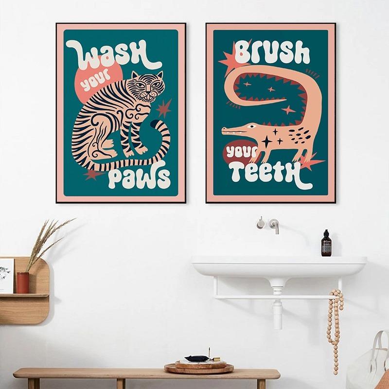 Tiger Wash Your Paws Crocodile Brush Your Teeth Bathroom Poster Fun Toilet Quote Canvas Printing Wall Art Funky Room Home Decor