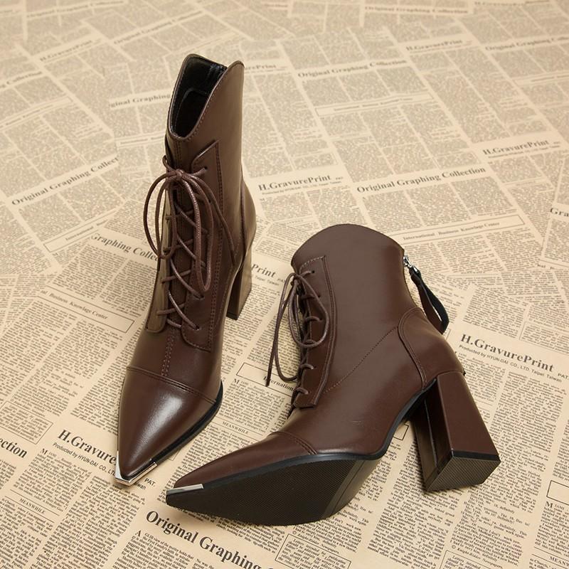 

Temperament Pointed Toe Autumn and Winter Booties Women s High Heels 2026 New Spring and Autumn Single Boots Block Heel 35 коричневый