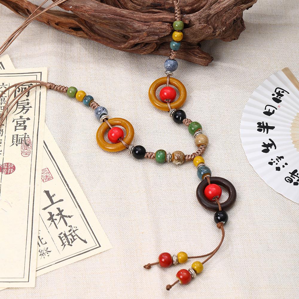 Bohemian Retro Ceramic Braided Rope Necklace Female Long Tassel Sweater Chain Same Collarbone